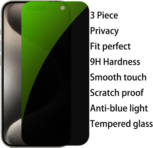 3 PCS Anti-Blue Privacy Tempered Glass for iPhone 15 Pro Anti-Spy Screen Protector Anti-Peeping Film 9H Hardness Anti-scratch 6.1 inch (Green)......