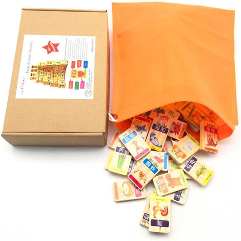New Chinese English Language Learning Wooden Blocks Domino Children's Educational Product Wooden Toys Recognize/Identify Fruits and Animals 100pcs...