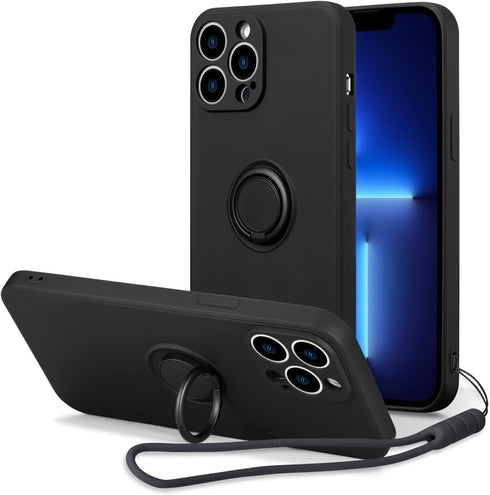UEEBAI Case for iPhone 13 Pro Max (6.7 inch), Slim Liquid Silicone Phone Case with 360 Rotatable Ring Holder Kickstand Fashion Hand Strap with Mag...