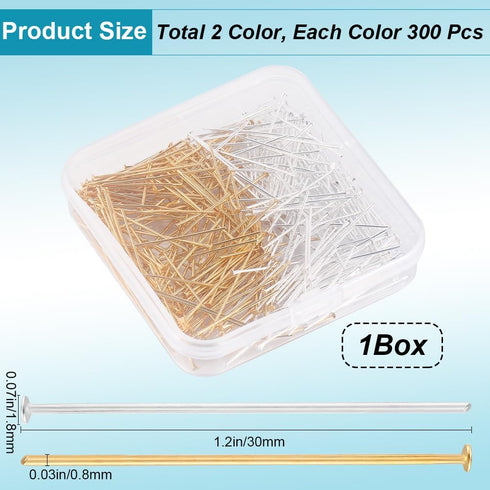 1 Box 600Pcs Jewelry Earring Pins Silver Flat Head Pins Bulk Brass Jewelry Findings Headpins Gold Head Pins for Jewelry Making Earrings Bracelets ...