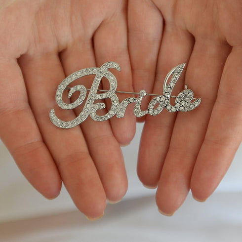 Mariell Rhinestone Crystal Bride Word Brooch Pin in Script Lettering, Bachelorette & Bridal Shower Gift...