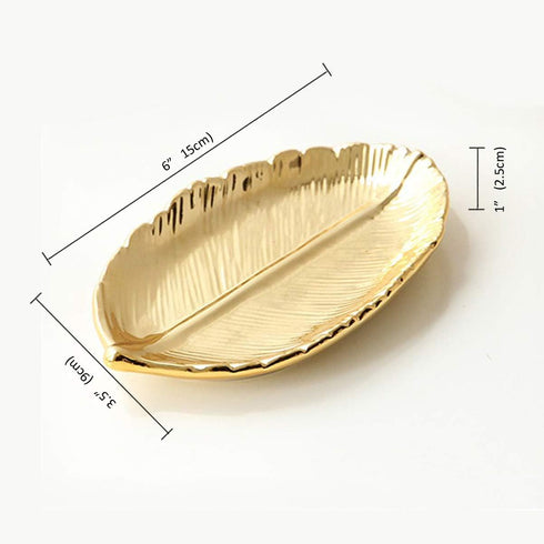 Lependor Golden Leaf Shaped Small Ceramic Jewelry Ring Dish Necklace Bracelet Holder Tray Organizer, Ceramic Decorative Trinket Dish for Wedding P...