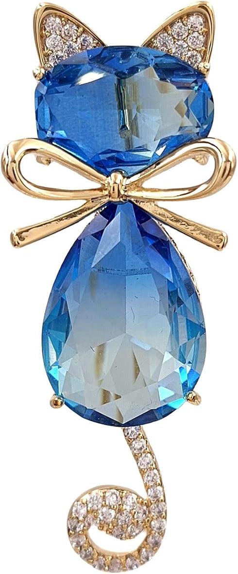Cute Blue Cubic Zircon Kitty Cat Pin Brooch with Bowtie...