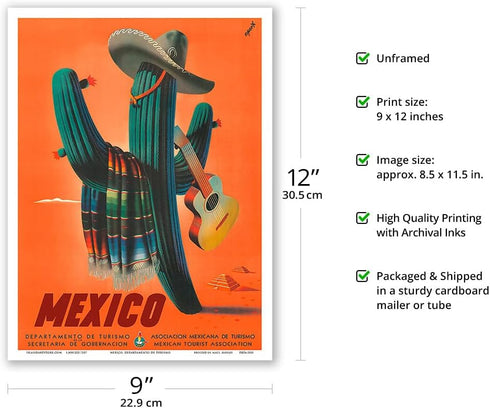 Mexico - Señor Cactus wearing a Sombrero Serape and Guitar - Mexican Department of Tourism - Vintage Travel Poster by Espert c.1945 - Master Art P...