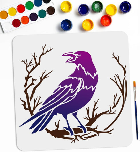 Crow Branch Divination Stencils 11.8×11.8inch Large Raven on Branch Stencils with Paint Brush Primitive Bird Drawing Template for Wood Canvas Furn...