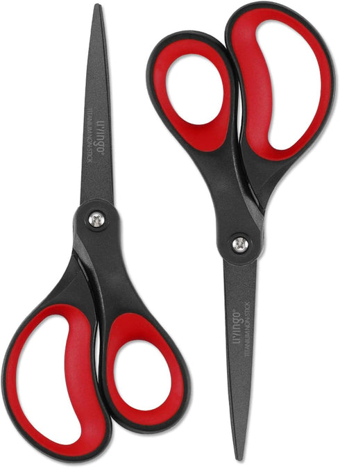 LIVINGO 2 Pack 8" Titanium Non-Stick Scissors, Professional Stainless Steel Comfort Grip, All-Purpose, Straight Office Craft Scissors for DIY(Red/...