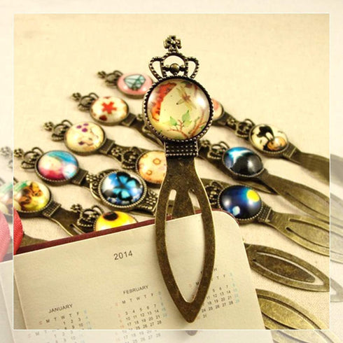Glarks 12-Pieces Mixed Metal Antique Bronze Bookmark Sets, 6 Styles Round and Oval Alloy Trays and Glass Cabochons for Reading Gift Crafting DIY B...