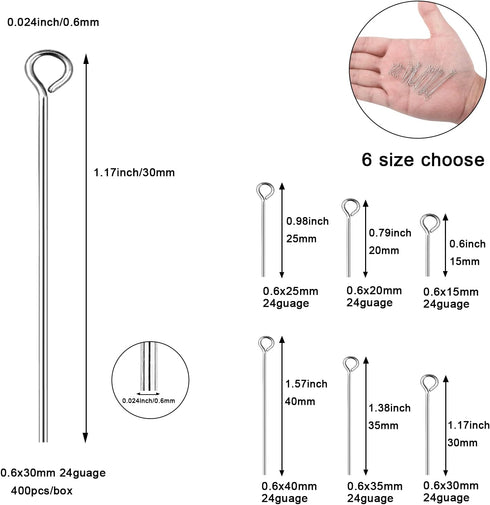 304 Stainless-Steel Eye Pins for Jewelry Making Silver Head Pins 0.6x30mm 24 Gauge 400pcs/Box Open Eye Pins for DIY Making Earring Necklace Bracel...