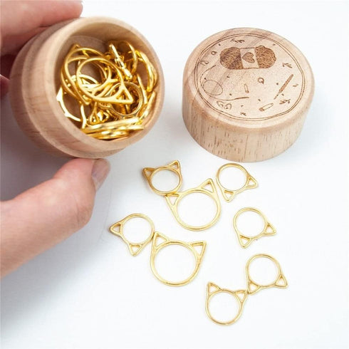 30 Pcs Stitch Markers with Wooden Storage Box, Cat Ears Metal Knitting Crochet Locking Markers Crochet Latching DIY Weaving Knitting Sewing Tools...
