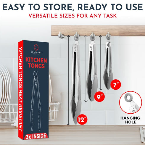 Kitchen Tongs for Cooking with Silicone Tips, Heat Resistant Tongs for Serving Food, 7-Inch, 9-Inch, 12-Inch Locking Silicone Tong, Set of 3 Salad...