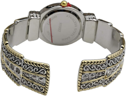 Metal Ladies Western Bangle/Cuff Watch with Simple Rhinestones on Band (Two Tone)...