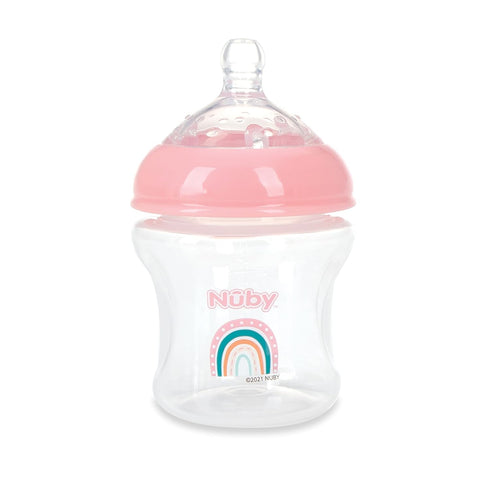 Nuby 3-Pack Infant Feeding Bottles with Slow Flow Breast Size Silicone Nipple: 0+ Months, 6oz, 3 Pack Set: Delicate Star, Rainbow, Butterfly Print...