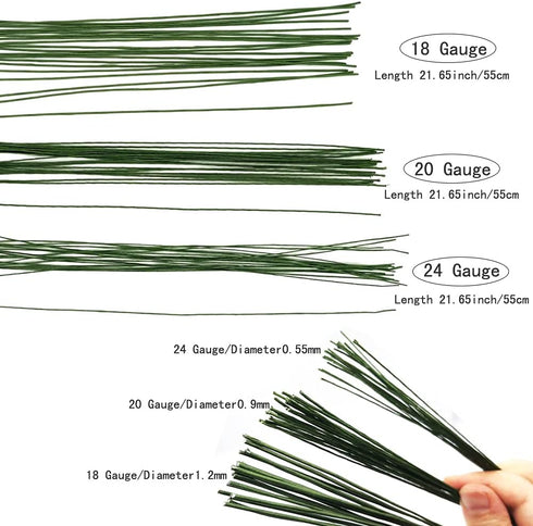 Saktopdeco 21.6 Inch Floral Stems Wire Green Paper Wrapped Wire 18 Gauge 20 Gauge 24 Gauge for Crafts Flower Arrangement...