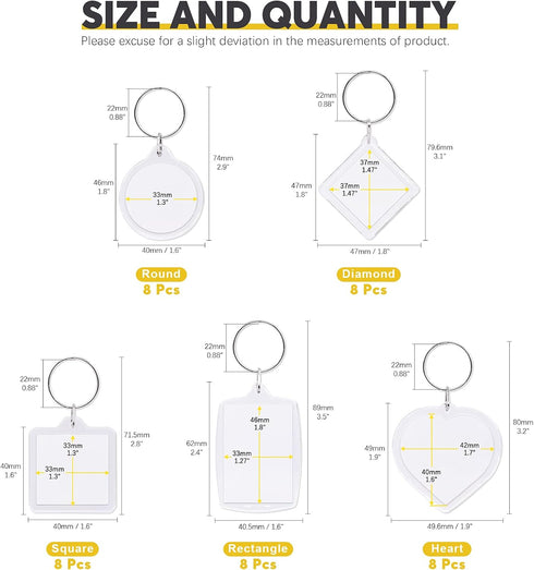 40Pcs Clear Acrylic Blank picture Photo frame keychain Personalized photo insert keychain bulk, Rectangle, Heart-Shaped, Round, Square and Rhombus...