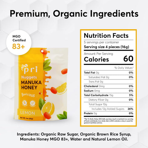 P.R.I Manuka Honey & Lemon Nuggets, Sweet and All Natural Hard Candy Treat, 3oz...