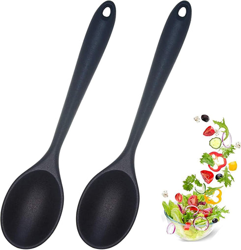 2 Pcs Silicone Nonstick Mixing Spoon, Silicone Spoons for Cooking Heat Resistant, Cooking Utensil for Kitchen Cooking Baking Stirring Serving (Bla...