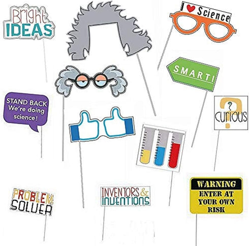 12Pcs Science Photo Booth Props with Stick Mad Scientist Selfie Props Chemistry Laboratory Party Supplies Boy Girl First 1st Bday Baby Shower...