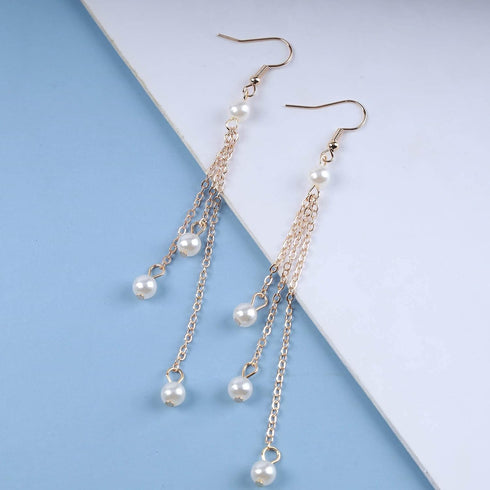 Vintage Pearl Drop Earrings Gold Pearl Tassel Earrings Long Pearl Chain Earrings Boho Pearl Earrings Jewelry for Women and Girls...