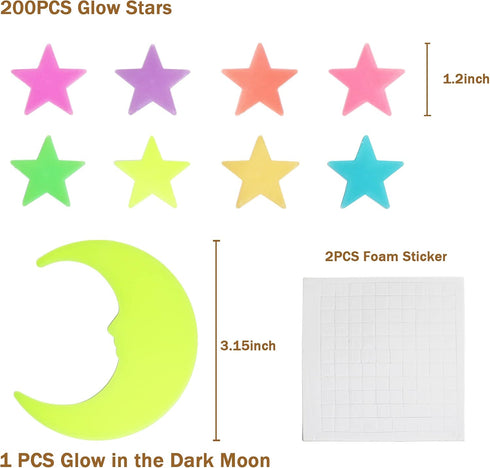 Glow in The Dark Stars and Moon Stickers for Ceiling - 200pcs 3D Luminous Adhesive Stars Create Realistic Starry Sky - Room Decor for Kids Bedroom...
