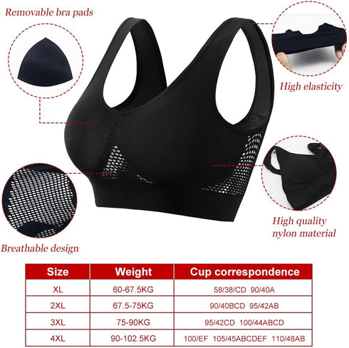 Breathable Cool Liftup Air Bra, Bras for Women, Sports Mesh Cutout Bra, Plus Size Loose Fitting Bra, Suitable for Yoga, Running, Fitness (Black 2X...
