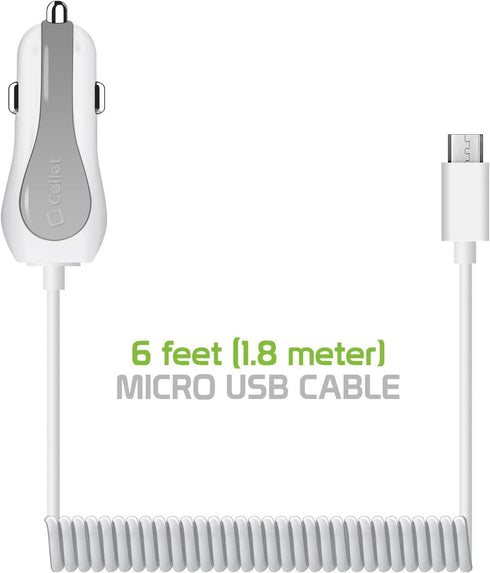 Cellet Micro-USB Car Charger, Coiled and Extra USB Port Car charger, Built-in Coiled 4ft long Micro USB Cable. (Fast Charging 2.4 Amp)...