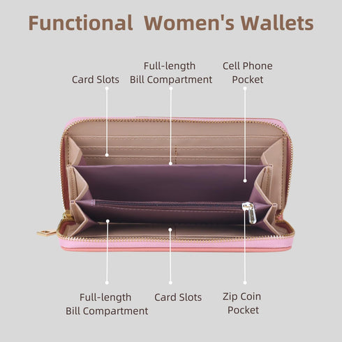 Wallet for Women - Large Faux Leather Women's Zipper Wristlet Wallet with Detachable Strap - Long Clutch Wallet with Cell Phone Pocket (Pink Red)...