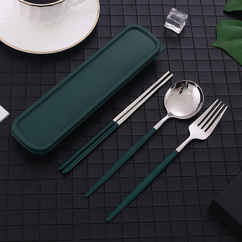 Travel Utensils, Stainless Steel 4pcs Cutlery Set Portable Camp Reusable Flatware Silverware, Include Fork Spoon Chopsticks with Case?Dark green?...