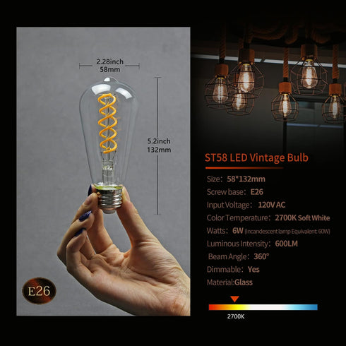 6 Pack ST19(ST58) LED Edison Bulb, Vintage LED Filament Bulb,Softy White 2700K, Antique Flexible Spiral LED Filament Light Bulb, Dimmable 600LM, 6...