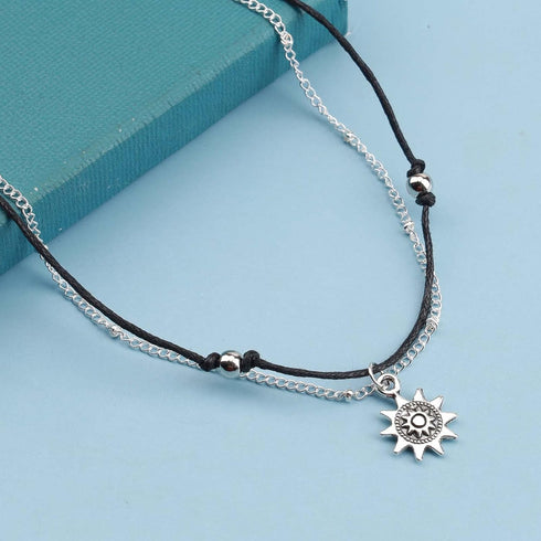 Boho Layered Sun Anklet Bracelet Black Wax Rope Ankle Bracelet Silver Sunflower Dangle Anklets Vintage Black Rope Chain Ankle Bracelet Vintage Foo...