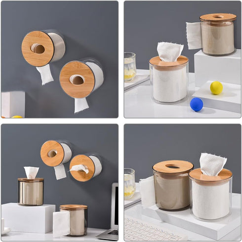 Amosfun Round Wooden Tissue Box Cover Holder,Facial Tissue Holder Case Dispenser with Wood Lid for Bathroom Vanity Countertops, Bedroom Dressers, ...