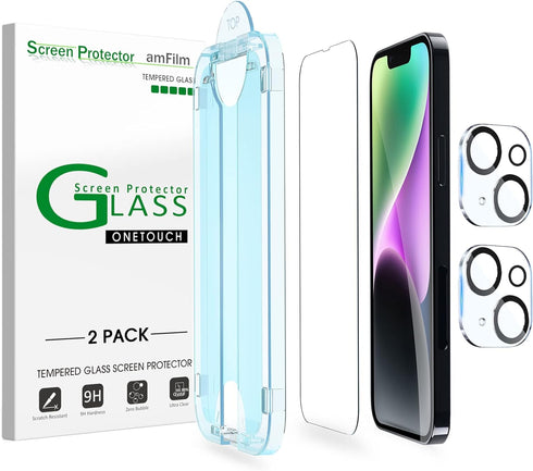 amFilm (2+2 PACK OneTouch Compatible with iPhone 14 Plus 6.7 Tempered Glass Screen Protector and Camera Lens Protector, Edge to Edge Full Coverage...