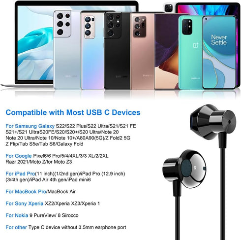 USB C Headphones for iPhone 15 Pro Max Plus ipad with for Samsung Google Oneplus and Other Type C Cellphone with Microphone Earbuds, Type C Wired ...