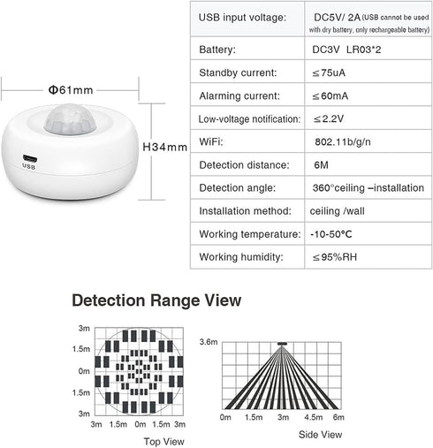 WiFi Smart Motion Sensor: PIR Motion Detector Alert, Wireless Infrared Home Security System with Free App Alerts, 360 Degree Detection Range, No H...