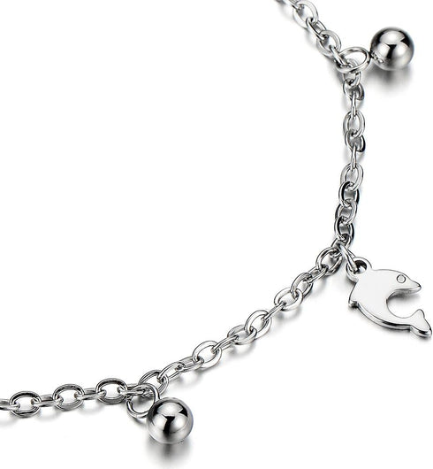 COOLSTEELANDBEYOND Stainless Steel Anklet Bracelet with Dangling Charms of Dolphins and Beads...