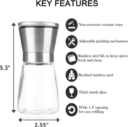 Salt and Pepper Grinder Set of 2, Premium Stainless Steel Spice Mill with Adjustable Coarseness, Ceramic Blades, Refillable Glass Body with 60Z ca...
