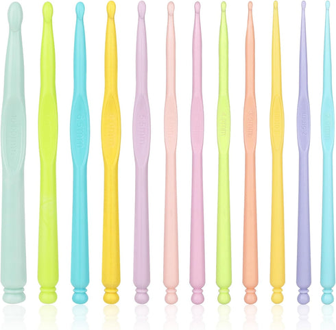 12 Pcs Plastic Crochet Hooks Different Sizes (2.0-10.0 mm) Ergonomic Handle Crochet Knitting Needles Set Craft Yarn Weaving Tools for Hat Gloves S...