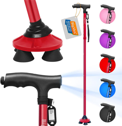 BigAlex Folding Walking Cane with LED Light,Pivoting Quad Base,Adjustable Walking Stick with Carrying Bag for Man/Woman (Alloy Base)...