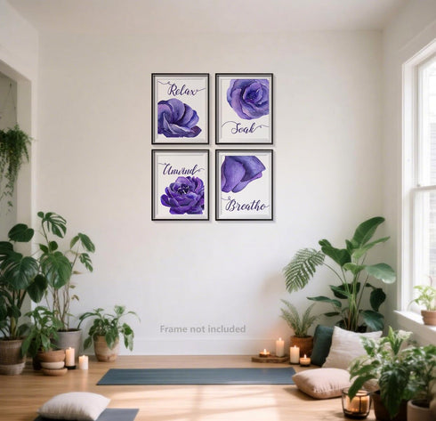 heshengzaixian Purple Flower Bathroom Wall Art Print,Mauve Rose Floral Relax Soak Unwind Breathe Quotes Bathroom Set,Modern Boho Minimalist Decor ...