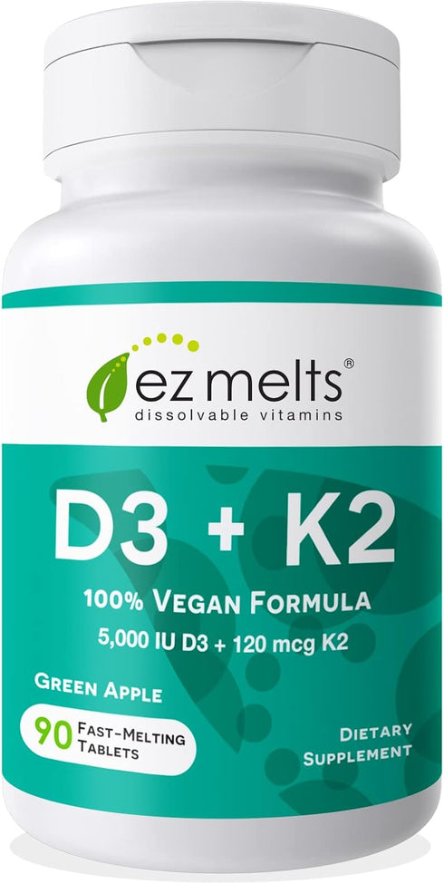 EZ Melts Dissolvable Vitamin D3 K2 5,000 IU, Bone & Joint Support, Sugar-Free, 3-Month Supply...