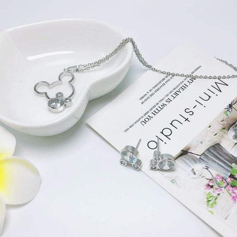 Jewelry Set for Women Girl,S925 Silver Plated Mouse Earring Necklace Kits,Cute Ear Stud and Pendant with Shinying CZ for Women's Day Gift,Hypo-all...