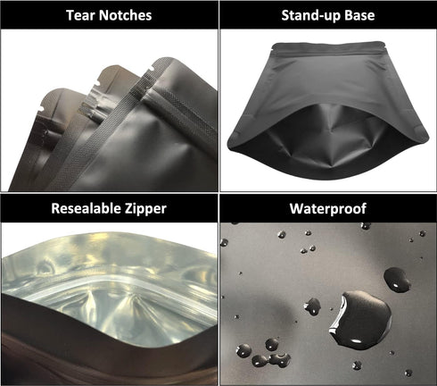 100 Pack Matte Black Mylar Stand Up Bags - 6.3x9.4 Inches Smell Proof Resealable Pouch Bag, Heat Sealable Foil Packaging Zipper Pouches for Food S...