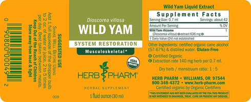 Herb Pharm Certified Organic Wild Yam Liquid Extract for Musculoskeletal System Support - 1 Ounce...