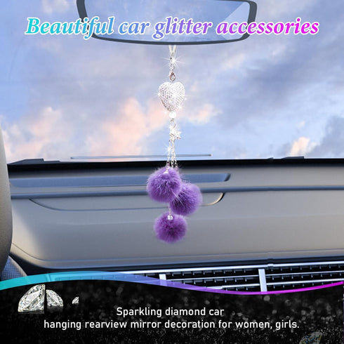 Bling Heart Diamond Car Hanging Accessories, Bling Love Heart and Cute Plush Balls, Crystal Car Rear View Mirror Charms for Women, Lucky Hanging P...