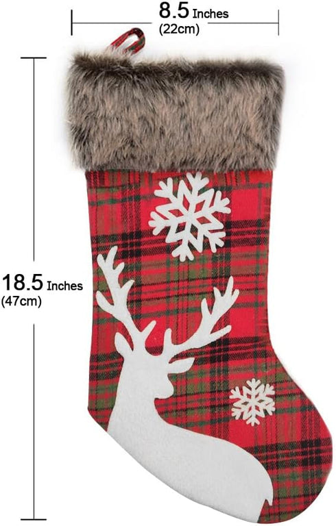 Christmas Stockings 2022, 18 Inches Burlap with Large Plaid Snowflake and Plush Faux Fur Cuff Stockings, for Home Decor (2 Pcs Plaid Snowflake)...