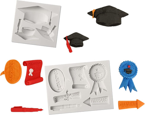 Sakolla Graduation Fondant Molds Silicone Doctoral Cap Diploma Chocolate Candy Molds Congrats Grad Congratulations Mould Cake Toppers Party Decora...