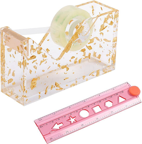 Stylish Acrylic Tape Dispenser with Ruler - Gold Leaf Finish - Enhance Your Office Experience for Masking Tape, Heat Transfer Tape Sublimation, Pa...