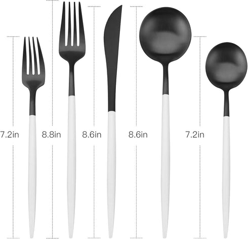 Matte Black Silverware Set with white handle, Bysta 5-Piece Stainless Steel Flatware Set, Kitchen Utensil Set Service for 1, Tableware Cutlery Set...