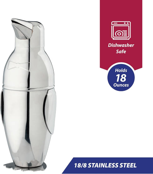 HIC Kitchen Bar Penguin Cocktail Shaker, 18/8 Stainless Steel, Mirror Finish, 3-Piece Set, Holds 18-Ounces...