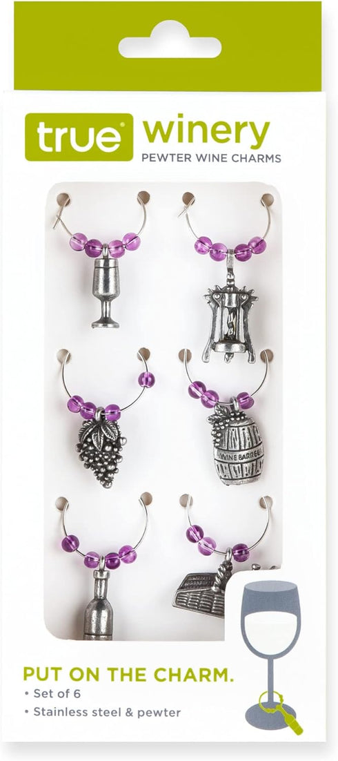 True Winery Pewter Wine Charms for Stem Glasses, Wine Glass Markers, Wine Glass Identifier Charms, Wine Charm Rings for Wine Tasting Party, Set of...