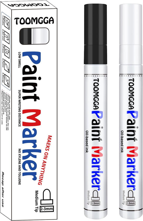 White and Black Permanent Markers Paint Pens-2 Pack Oil Based Paint Markers, Medium Tip, Quick Drying Paint Pens for Wood, Metal, Rock Painting, M...